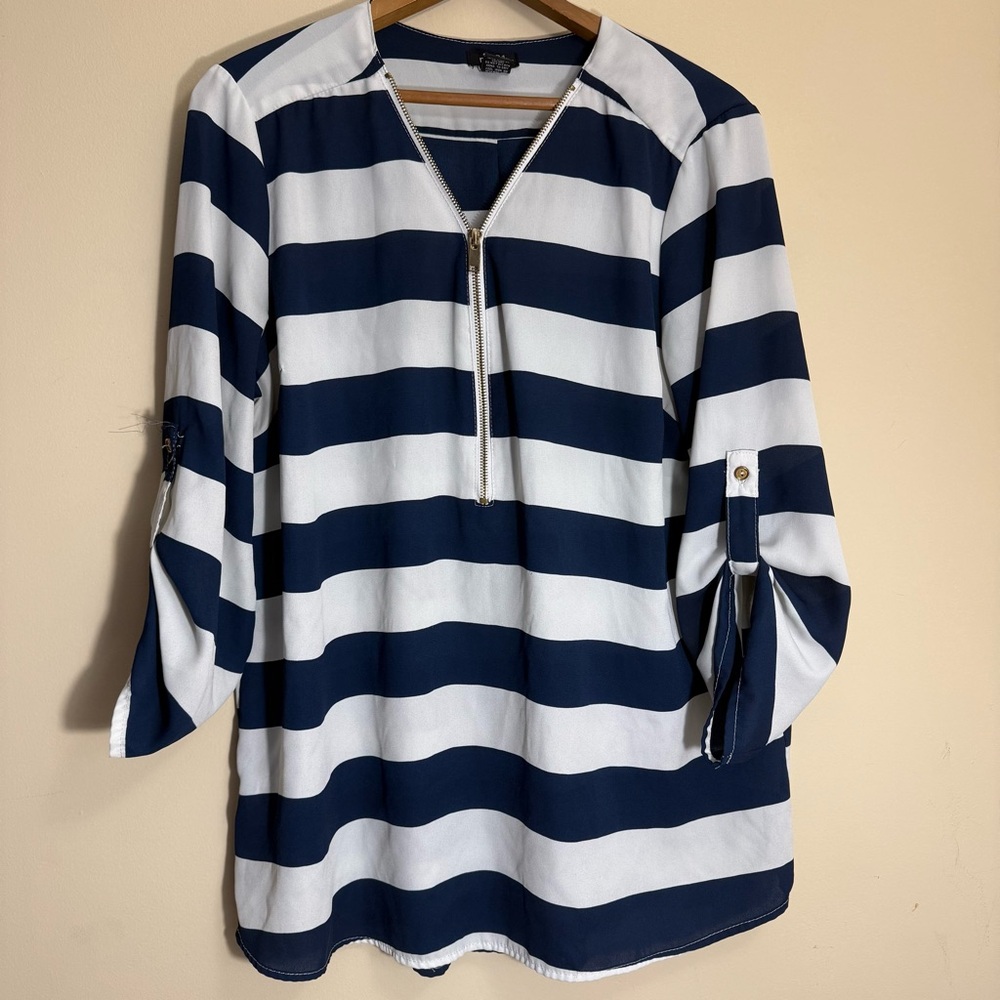 Rue21 Navy and White Horizontal Stripe Zip-Front Blouse with Roll Up Sleeves Y2K
